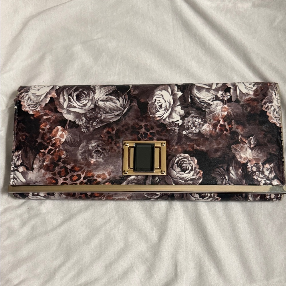 Floral Leopard Print Clutch Wallet in Brown and Black